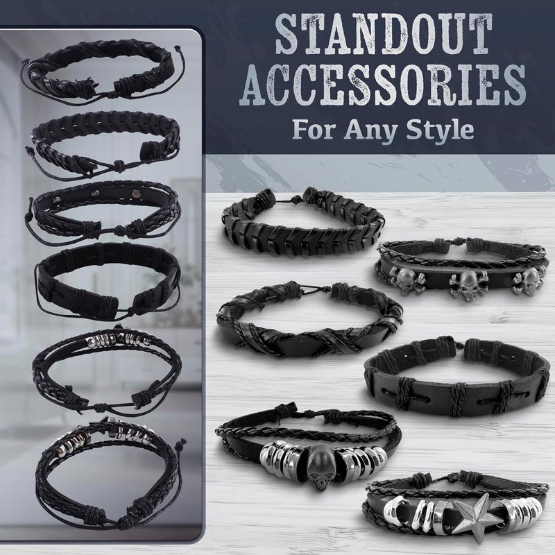 Evrblock Emo Bracelets – 6 Pcs Black Skull Emo Jewelry – Durable Leather Gothic Jewelry and Grunge Bracelets | Adjustable 7"-11" & Comfortable Fit - Image 4